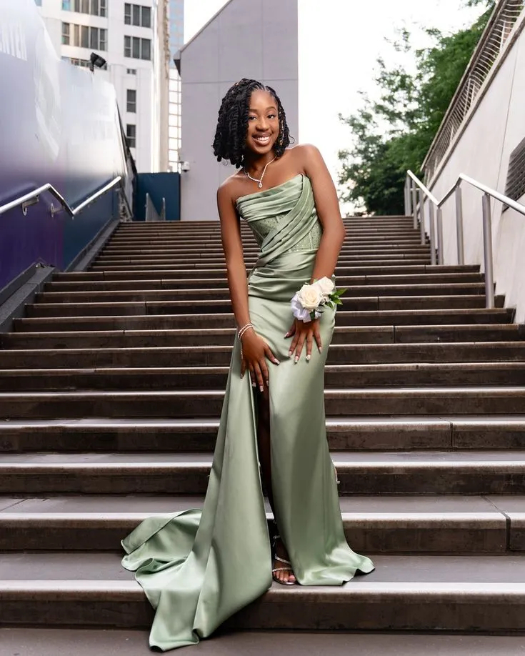 Elegant Sheath Strapless Sage Green Slit Long Prom Dresses Party Dress 18th Birthday Outfits Graduation Dresses HZ1121