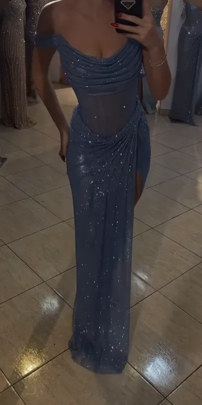 Sparkly Mermaid Off The Shoulder Blue Sequin Long Slit Evening Party Gowns Evening Dress Special Formal Dresses Prom Dress HZ1121 - Image 5