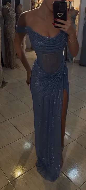 Sparkly Mermaid Off The Shoulder Blue Sequin Long Slit Evening Party Gowns Evening Dress Special Formal Dresses Prom Dress HZ1121 - Image 6