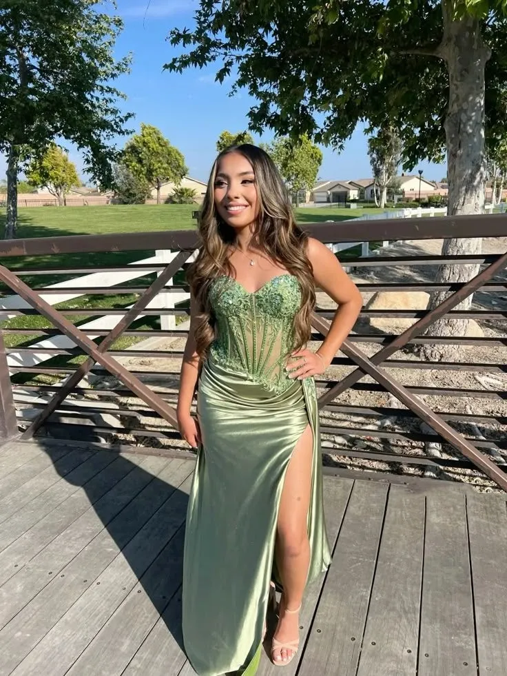 Elegant Mermaid Spaghetti Straps Satin Slit Green Long Prom Dresses Party Dress 18th Birthday Outfits Graduation Dresses HZ1121