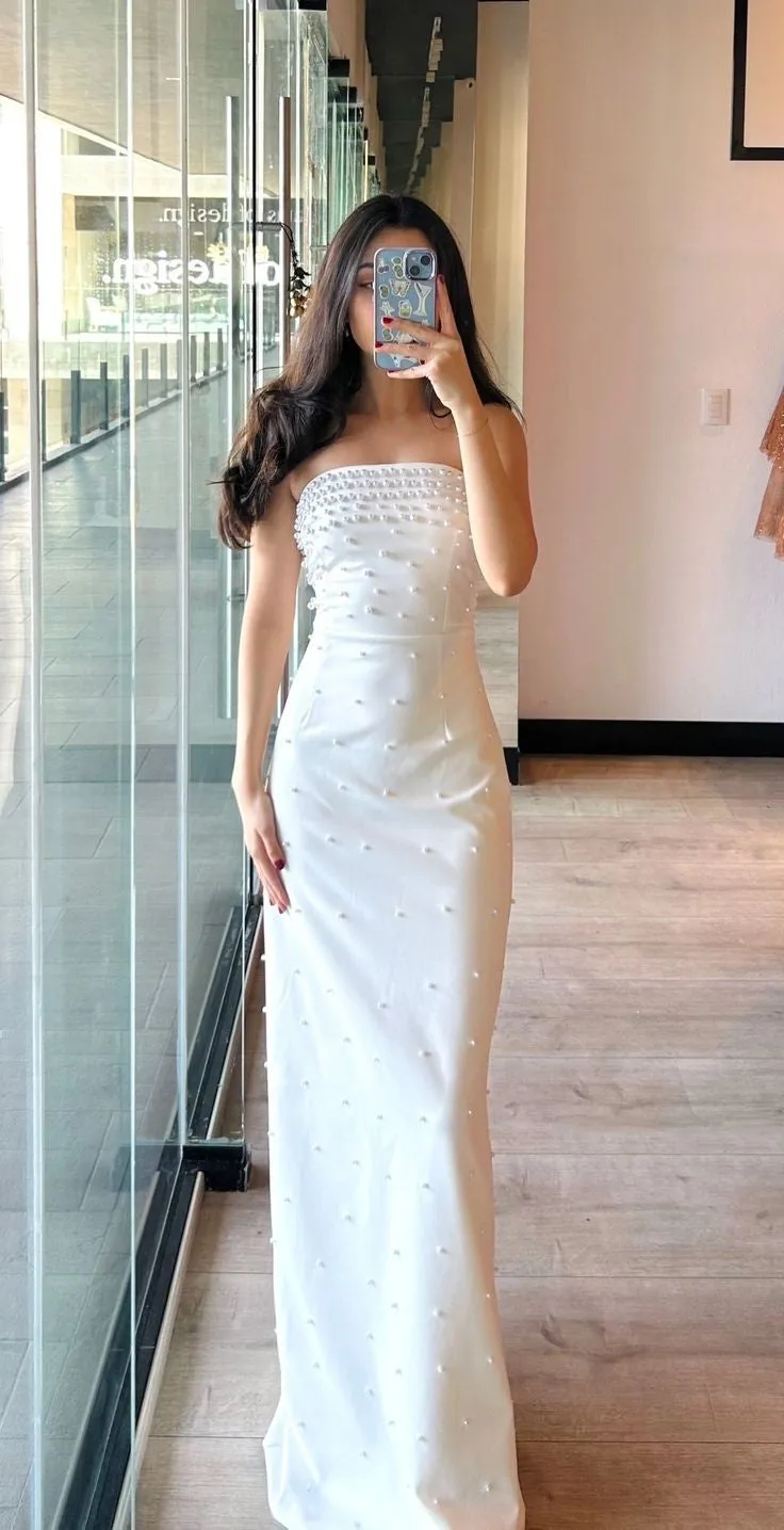 Simple Sheath Strapless Satin White Evening Party Gowns Evening Dress Special Formal Dresses Prom Dress HZ1121