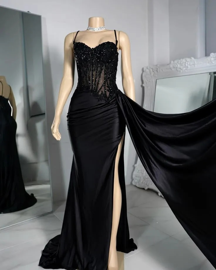Elegant Mermaid Spaghetti Straps Satin Slit Black Long Prom Dresses Party Dress 18th Birthday Outfits Graduation Dresses HZ1121