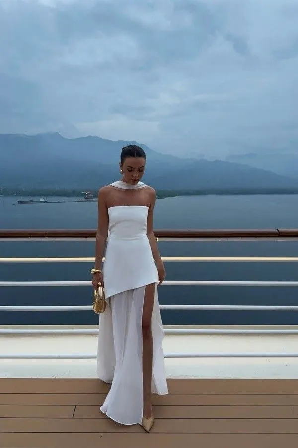 Classy Mermaid Strapless White Chiffon Formal Long Prom Gown Summer Wedding Guest Dress Bridal Guest Dresses Wedding Outfits For Guest HZ1121