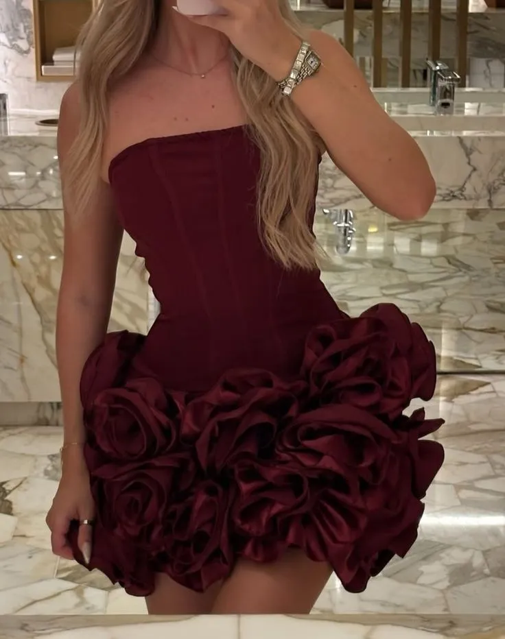 Pretty Sheath Strapless Burgundy Formal Homecoming Dresses Short 21st Birthday Outfits Graduation Dress Mini Cocktail Dresses HZ1121