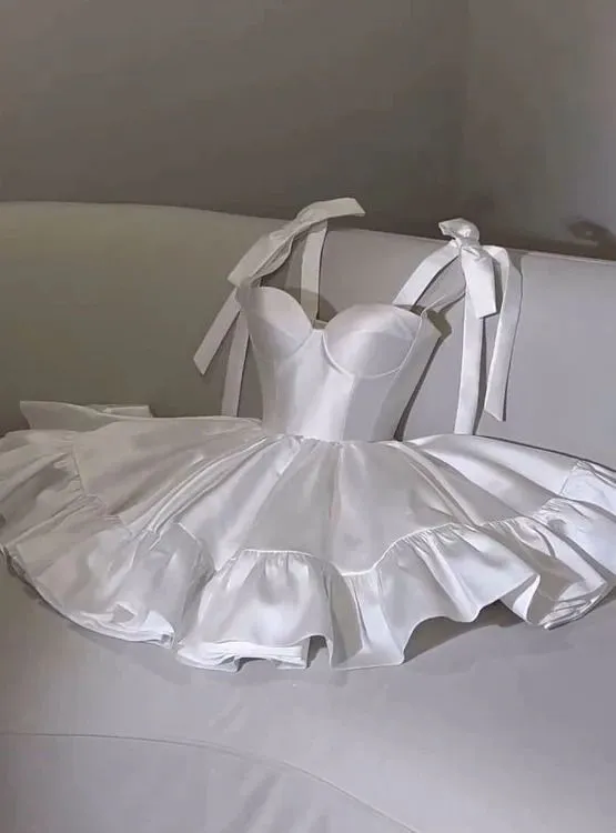 Pretty A line White Satin Formal Homecoming Dresses Short 21st Birthday Outfits Graduation Dress Mini Cocktail Dresses HZ1121