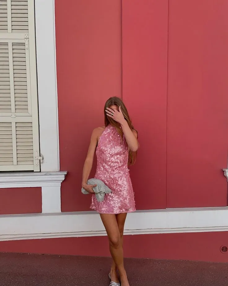 Pretty A Line High Neck Light Pink Sequin Formal Homecoming Dresses Short 21st Birthday Outfits Graduation Dress Mini Cocktail Dresses HZ1121