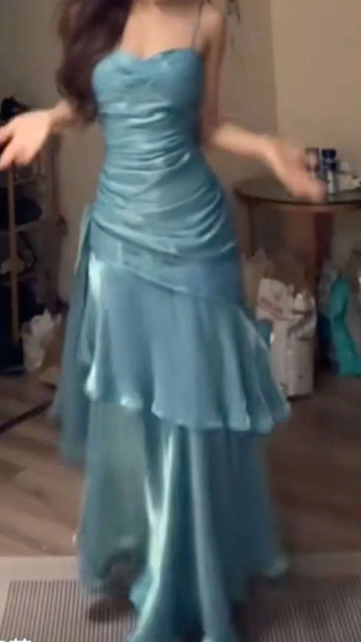 Elegant Mermaid Spaghetti Straps Blue Satin Long Prom Dresses Party Dress 21st Birthday Outfits Graduation Dresses HZ1121