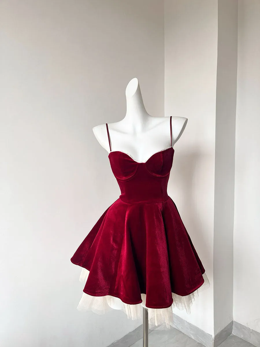Pretty A line Spaghetti Straps Velvet Formal Homecoming Dresses Short 16th Birthday Outfits Graduation Dress Mini Cocktail Dresses HZ1121