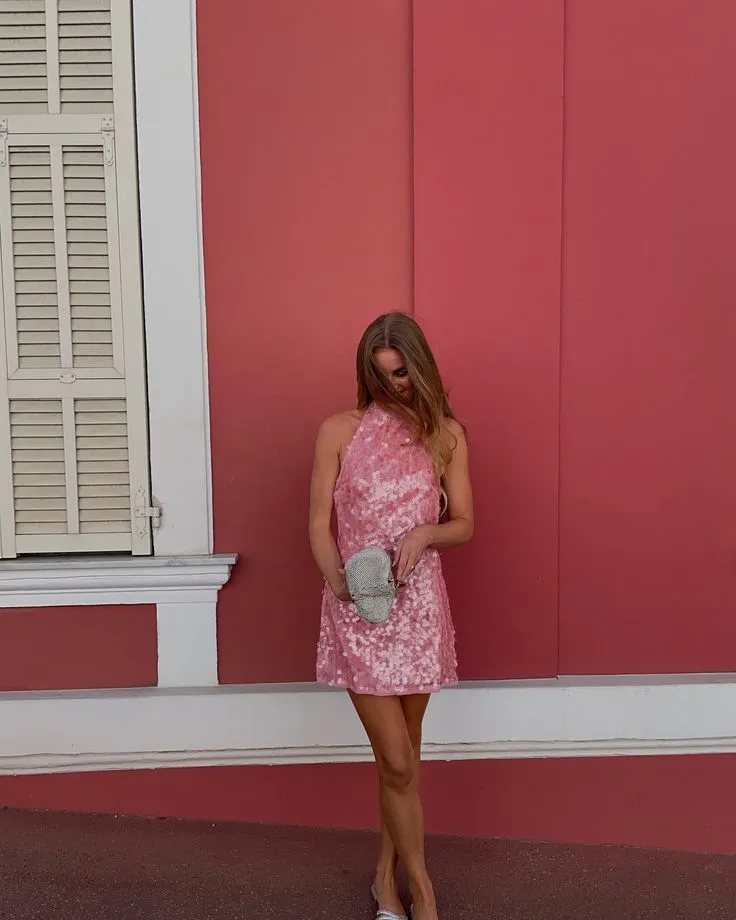 Modest A Line High Neck Pink Sequin Formal Homecoming Dresses 18th Birthday Outfits Graduation Dress Short Mini Hoco Dresses HZ1121 - Image 5