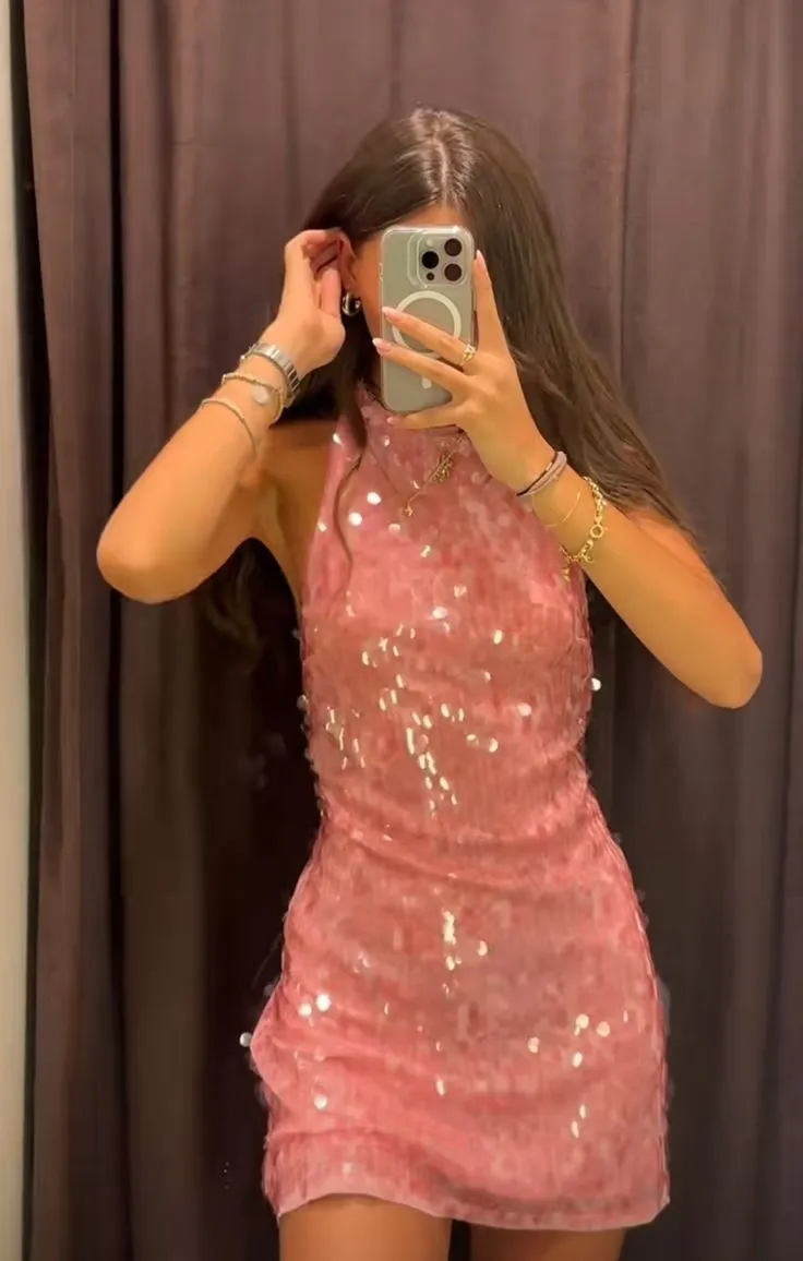 Modest A Line High Neck Pink Sequin Formal Homecoming Dresses 18th Birthday Outfits Graduation Dress Short Mini Hoco Dresses HZ1121 - Image 6