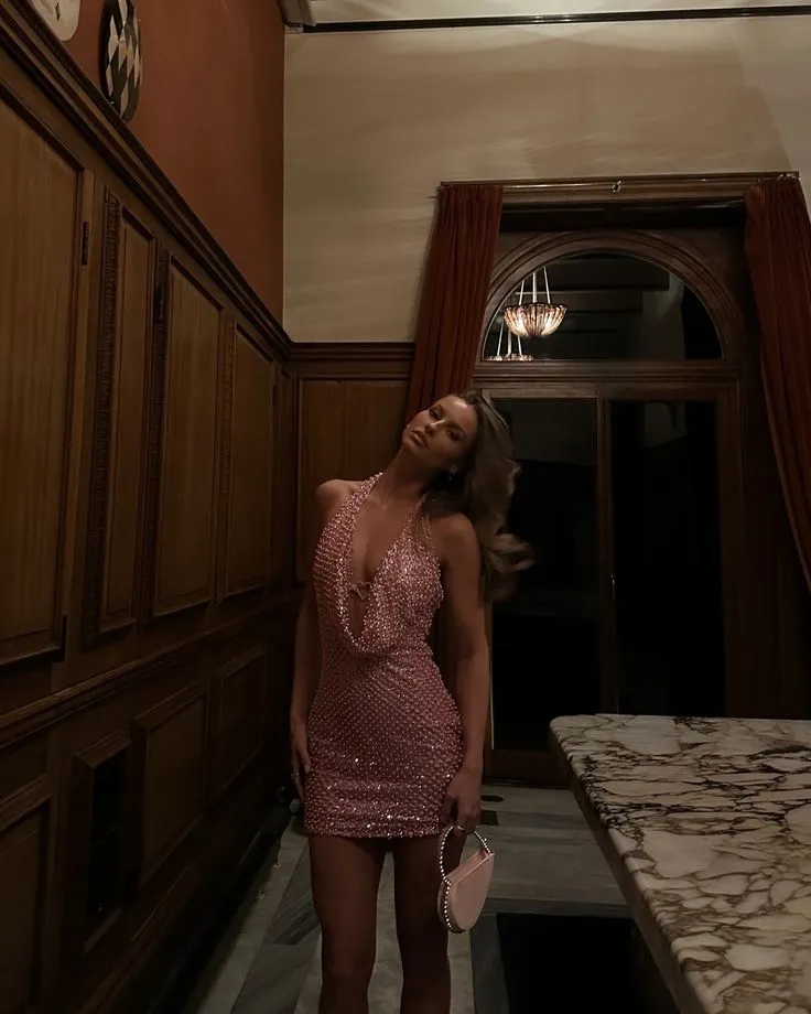 Modest Sheath Halter Tight Pink Sequin Formal Homecoming Dresses 18th Birthday Outfits Graduation Dress Short Mini Hoco Dresses HZ1121 - Image 3