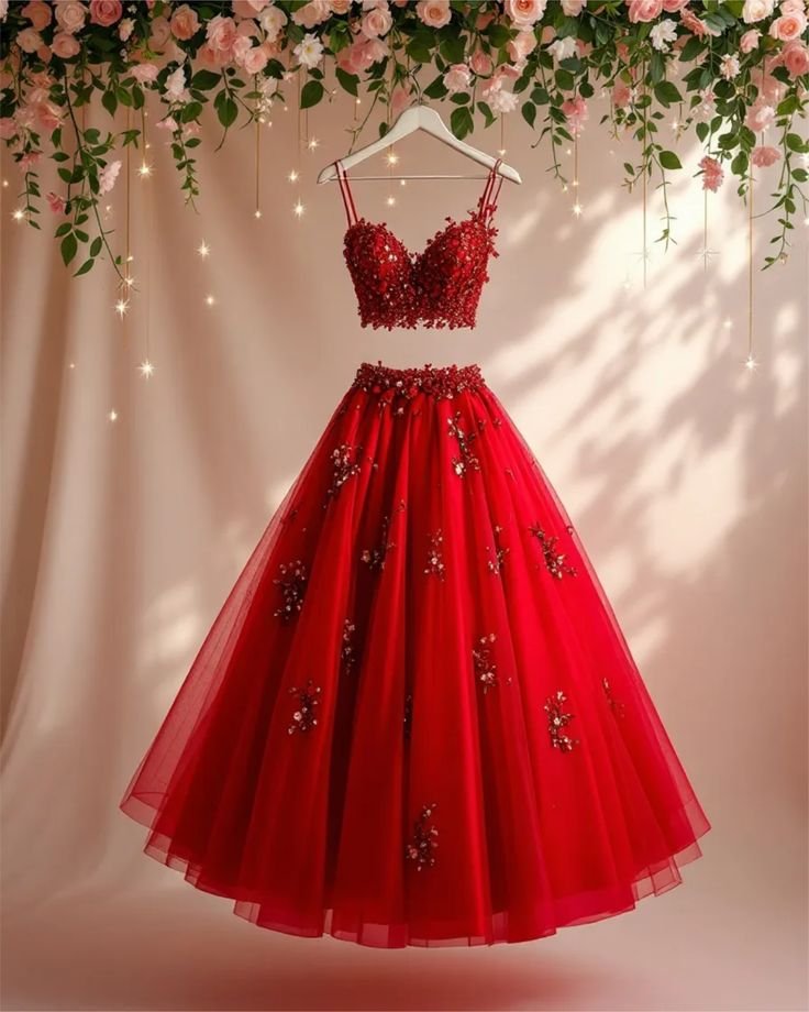 Elegant Ball Gown 2 Pieces Spaghetti Straps Red Tulle Long Prom Dresses Party Dress 21st Birthday Outfits Graduation Dresses HZ1121