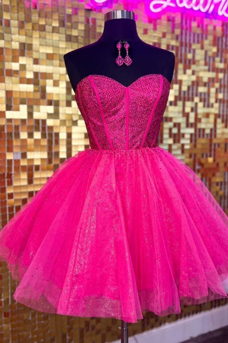 Retro Ball Gown Sweetheart Hot Pink Tulle Formal Homecoming Dresses 8th Grad Dance Graduation Dress Short Mini Hoco Dresses HZ1121
