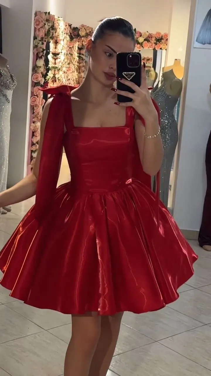 Cute Ball Gown Straps Red Satin Short Formal 8th Grade Homecoming Dresses Middle School Cocktail Dress Hoco Outfits HZ1121