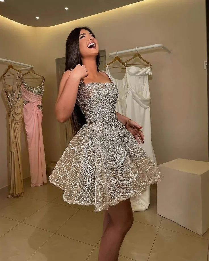 Princess Ball Gown Square Neck Champagne Sequin Formal Homecoming Dresses 8th Grad Dance Graduation Dress Short Hoco Dresses HZ1121