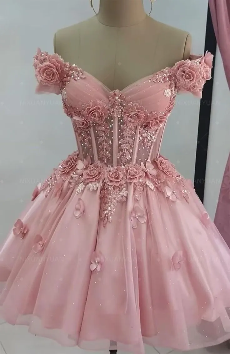Modest Ball Gown Off The Shoulder Blush Pink Tulle Formal Homecoming Dresses 8th Grad Dance Graduation Dress Short Hoco Dresses HZ1121