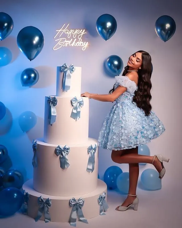 Modest Ball Gown Off The Shoulder Light Sky Blue Lace Formal Homecoming Dresses 8th Grad Dance Graduation Dress Short Hoco Dresses HZ1121