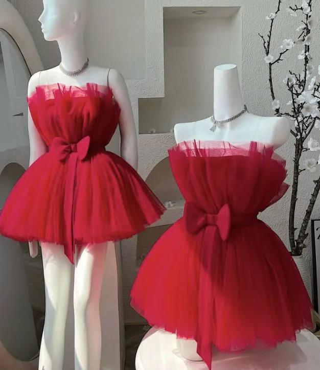 Cute Ball Gown Strapless Red Tulle Short Formal 8th Grade Homecoming Dresses Middle School Cocktail Dress Hoco Outfits HZ1121