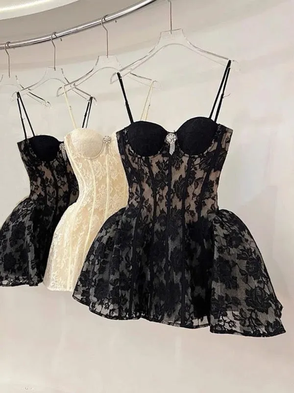 Cute Ball Gown Spaghetti Straps Black Lace Short Formal 8th Grade Homecoming Dresses Middle School Cocktail Dress Hoco Outfits HZ1121