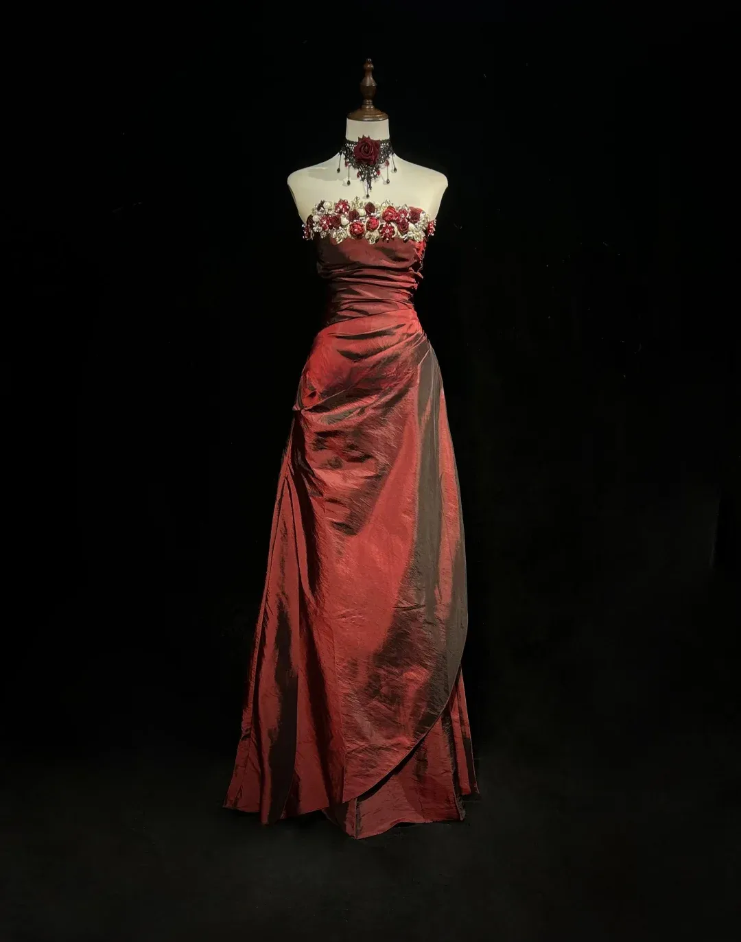 Retro A Line Strapless Burgundy Sleeveless Taffeta Long Flowers Prom Dresses Party Dress 18th Birthday Outfits Graduation Dresses HZ1121