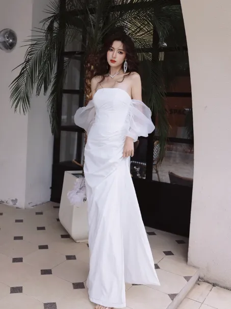 Elegant Off Shoulder Long Sheath Satin Wedding Dress Simple Bridal Gown HZ1121