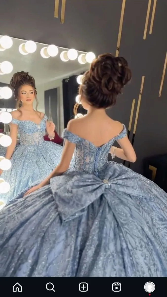 Gorgeous Blue Applique Ball Gowns Tulle Off-the-shoulder Bowknot Long Quinceanera Dress Sparkly Sweet Birthday Dress HZ1121