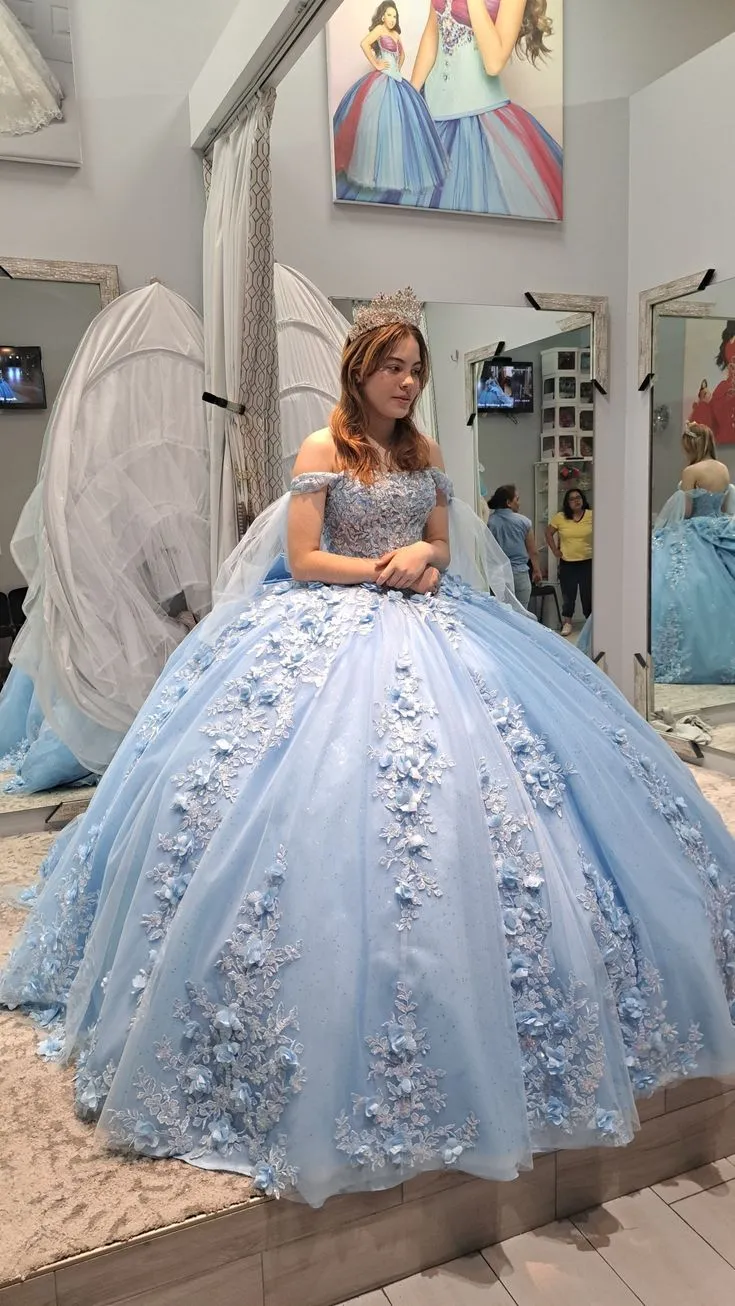 Gorgeous Blue Applique Ball Gowns Formal Dresses Tulle Off-the-shoulder Long Quinceanera Dress Sweet 16 Dress HZ1121