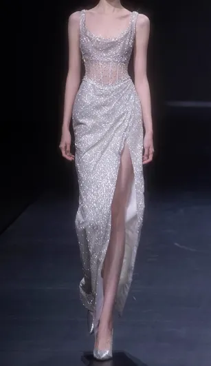 Light Champagne Glitter Tulle Sheath Evening Gowns Gorgeous Beaded Slit Formal Dresses Sparkly Sequin Sleeveless Long Prom Dresses HZ1121