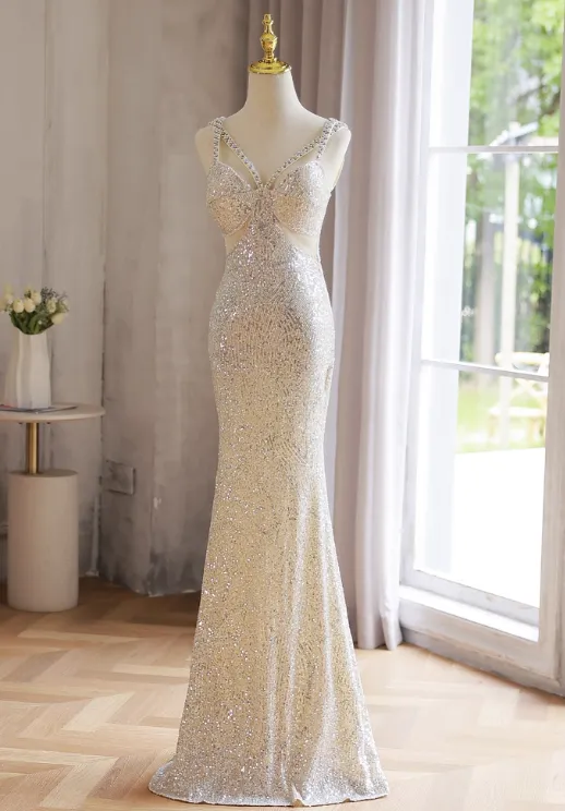 Sparkly Light Champagne V-neck Formal Dress Beaded Sequin Mermaid Evening Gown Modest Long Prom Dresses HZ1121