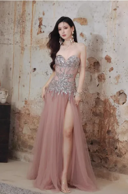 Modest Sweetheart Neck Formal Dress Pink Tulle Sequins Evening Gown Sparkly 16th Birthday Dress HZ1121
