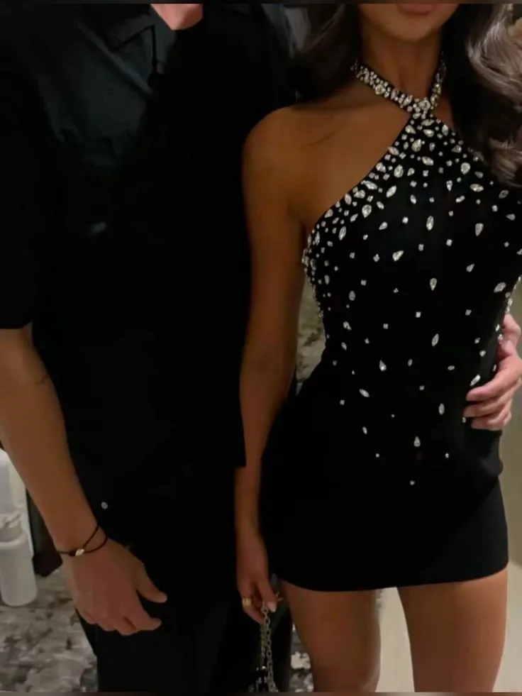 Sparkly Sheath Halter Black Silver Beads Short Tight Formal Homecoming Dresses Night Chic Elegant Short Dresses Party Dress 18th Birthday Outfits Hoco Dresses HZ1121