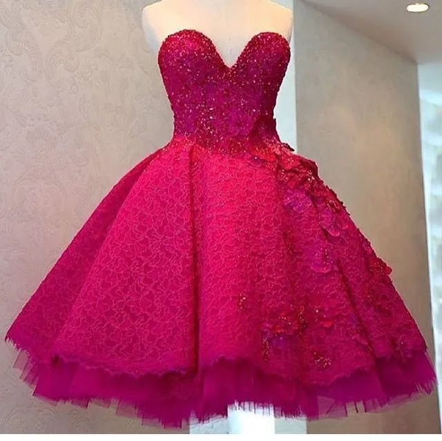 Fancy Ball Gown Sweetheart Hot Pink Lace Formal Homecoming Dresses High School Graduation Dress Short Night Chic Classy Hoco Dresses HZ1121