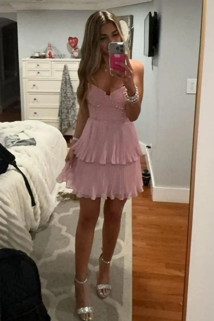 Vintage A line Spaghetti Straps Light Pink Short Chiffon Formal Homecoming Dresses Party Graduation Dress Hoco Dresses HZ1121