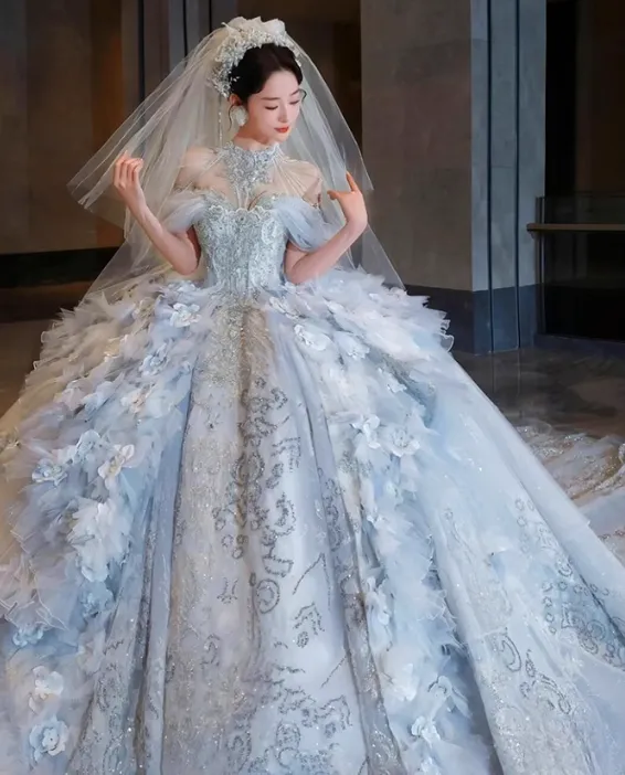 Unique Off-the-shoulder Bridal Dress with Tulle Appliques Ball Gown in Light Blue Sequin Long Wedding Dresses Luxury Floor Length Bridal Gowns HZ1121