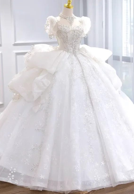 Sparkly White Square Neck Bridal Dress Tulle Beaded Ball Gown Short Sleeve Long Wedding Dresses Luxury Floor Length Applique Bridal Gowns HZ1121