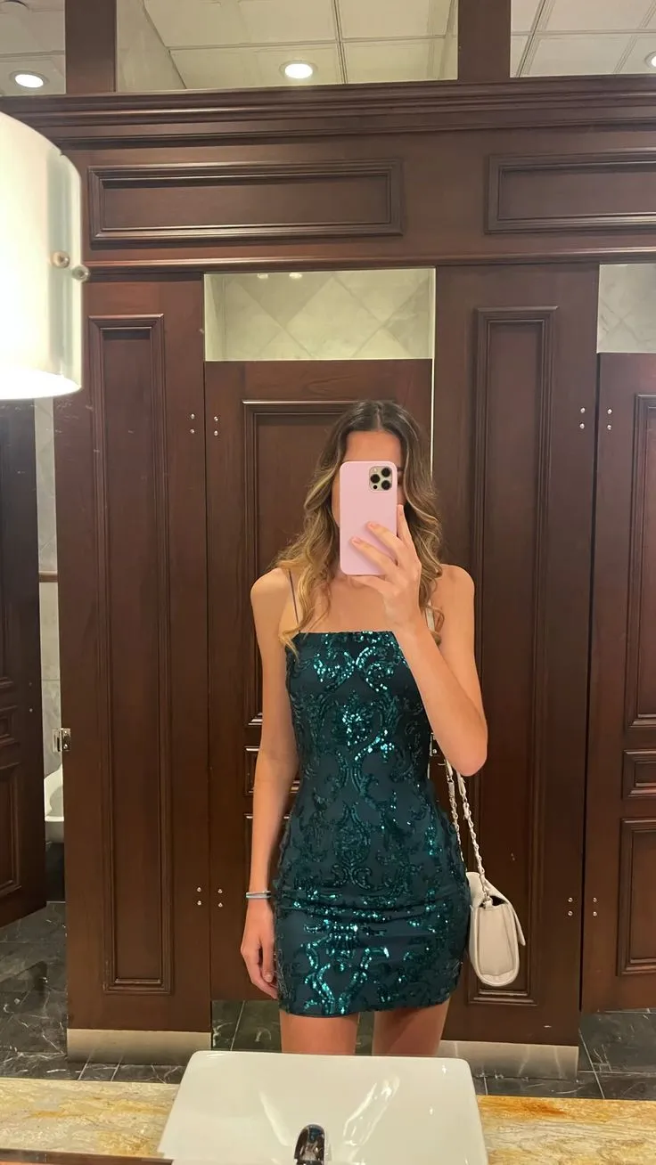 Sexy Sheath Spaghetti Straps Dark Green Sequin Short Formal Homecoming Dresses Party Graduation Dress Hoco Dresses HZ1121