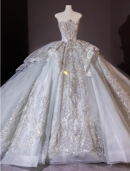 Sparkly Beaded Wedding Dresses Tulle Strapless Ball Gown Elegant White Bridal Dress Stunning Bridal Gowns HZ1121