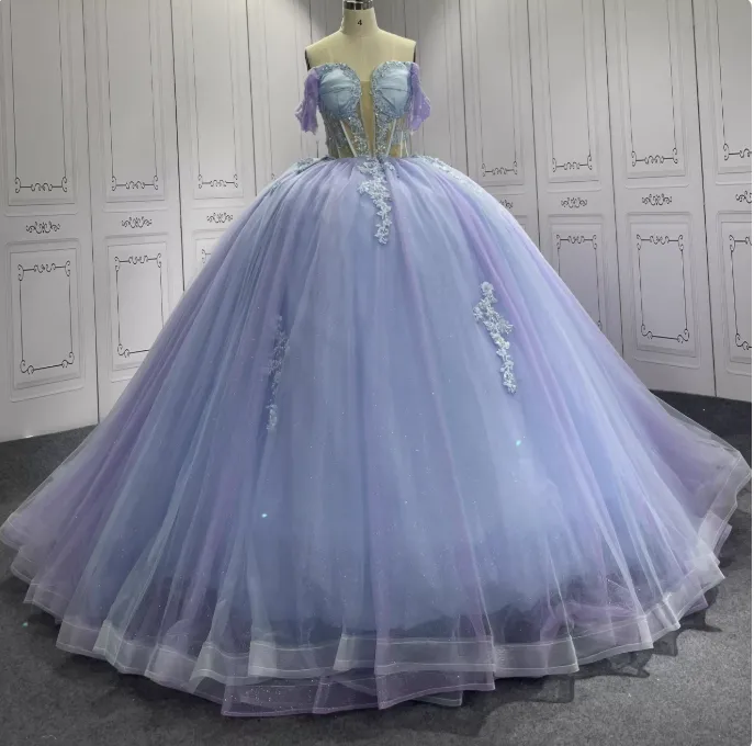 Gorgeous Purple Off-the-shoulder Tulle Long Ball Gown Appliques Sweet16th Birthday Dress Cute Quinceanera Dress HZ1121