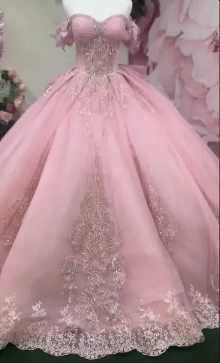 Gorgeous Pink Off-the-shoulder Tulle Long Ball Gown Sweet Applique Beaded 16th Birthday Dress Cute Quinceanera Dress HZ1121