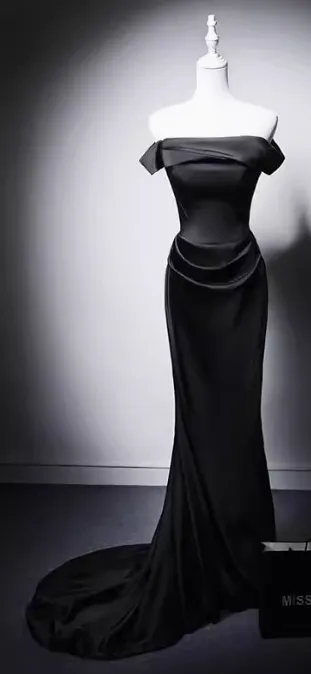 Modest Black Mermaid Evening Gowns Off-the-shoulder Satin Long Prom Dress Elegant 22nd Birthday Dress HZ1121