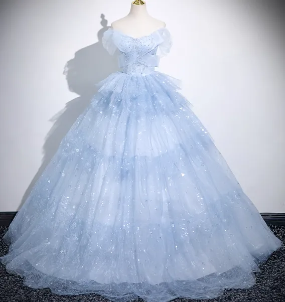 Cute Off-shoulder Ball Gown Tulle Sequined Long Prom Dress Sweet Ice Blue Quinceanera Dress HZ1121