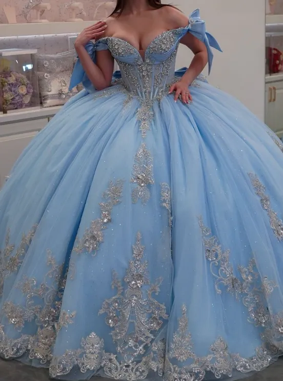 Classy Off-the-Shoulder Ball Gown Tulle Applique Quinceanera Dresses Blue Sweet 16 Dress HZ1121