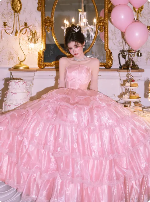 Cute Strapless Ball Gown Tiered Tull Long Prom Dress, Pink Sweet 16 Dress HZ1121