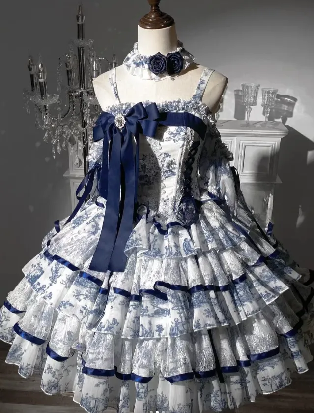 Cute Spaghetti Strap Ball Gown Tulle Sleeveless Birthday Dress Blue Lolita Dress HZ1121