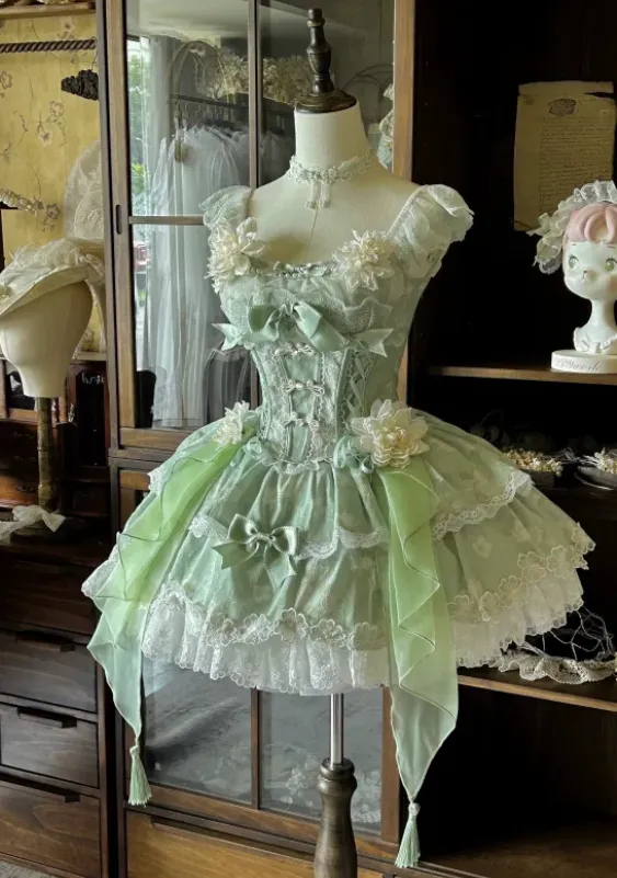 Cute Ball Gown Tulle Lace Sleeveless Birthday Dress Green Lolita Dress HZ1121