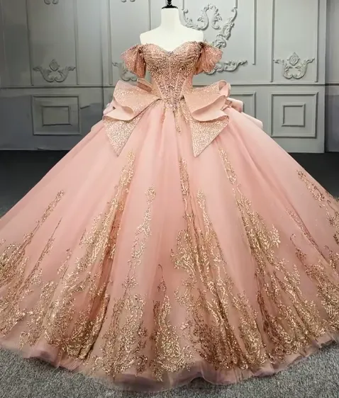 Gorgeous Off-the-Shoulder Ball Gown Tulle Beaded Applique Long Prom Dresses, Peach Quinceanera Dresses HZ1121