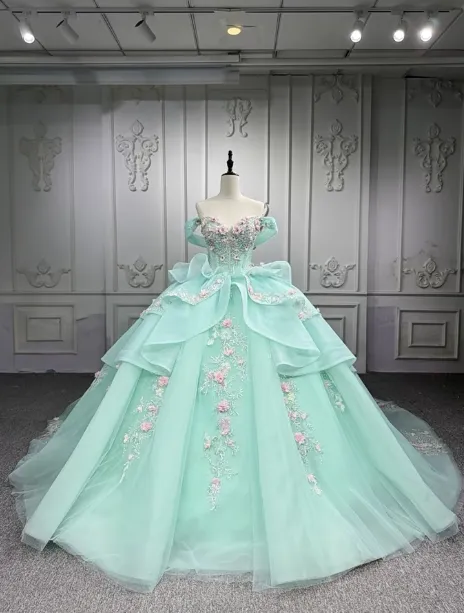 Gorgeous Off-the-Shoulder Ball Gown Tulle Beaded Applique Long Prom Dresses, Green Quinceanera Dresses HZ1121