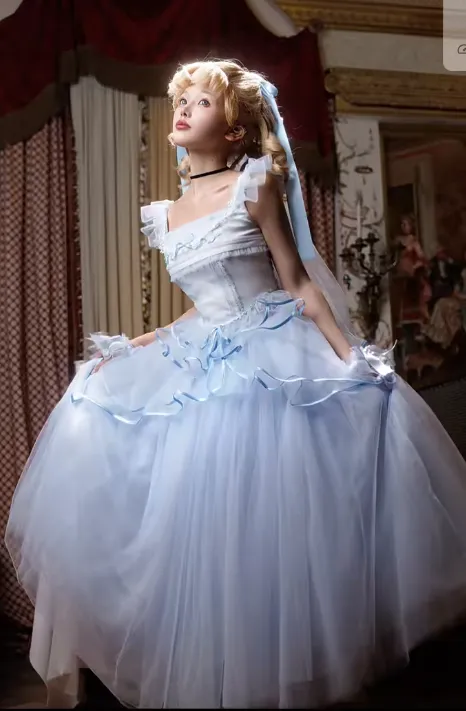 Sweet Square Neck Ball Gown Tulle Sleeveless Birthday Dress Light Blue Lolita Dress HZ1121