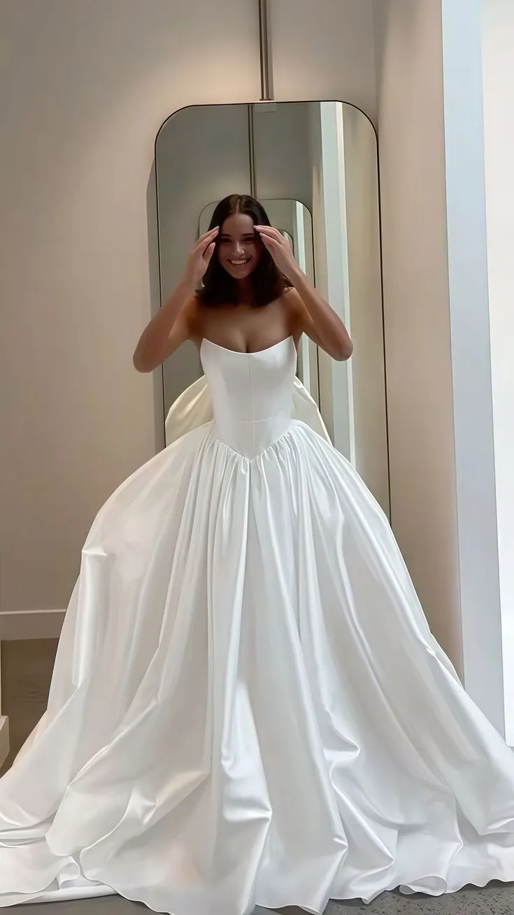 Classic Bridal Gown Ball Gown Strapless Satin White Wedding Dresses Minimalist Bridal Gowns HZ1121
