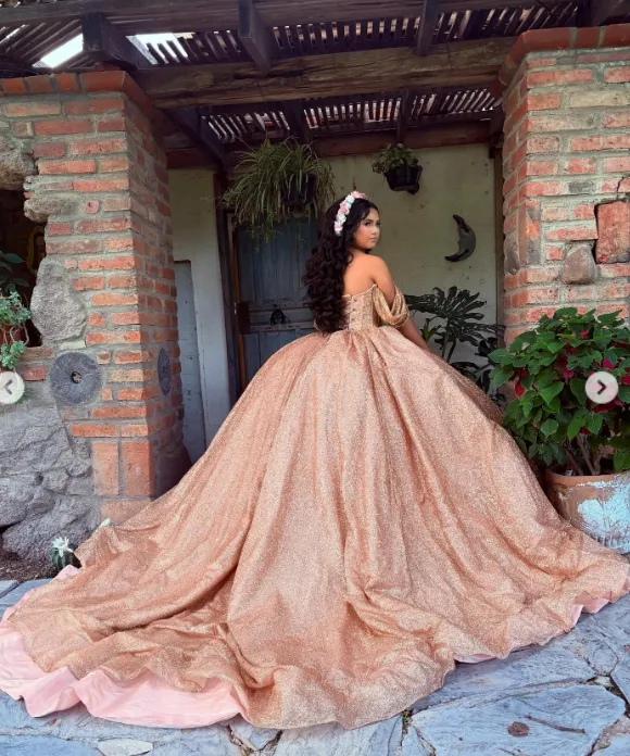 Modest Ball Gown Off-the-shoulder Gold Glitter Tulle Applique Long Quinceanera Dress Formal Gowns Vestido De 15 Anos Sweet 16 Dress HZ1121